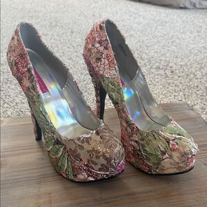 Bordello Floral Platform Stilettos in Pink & Green